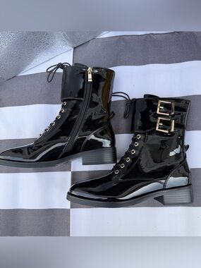 Black Lace-Up Ankle Boots with Buckle Detail - Women’s Size 7.5 Brand New